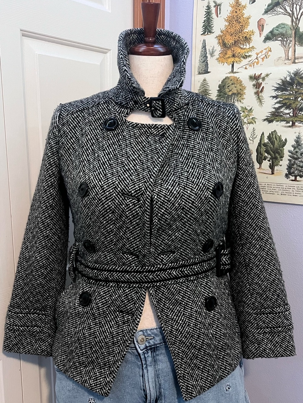 vintage Giacca black and white herringbone tweed knit jacket coat